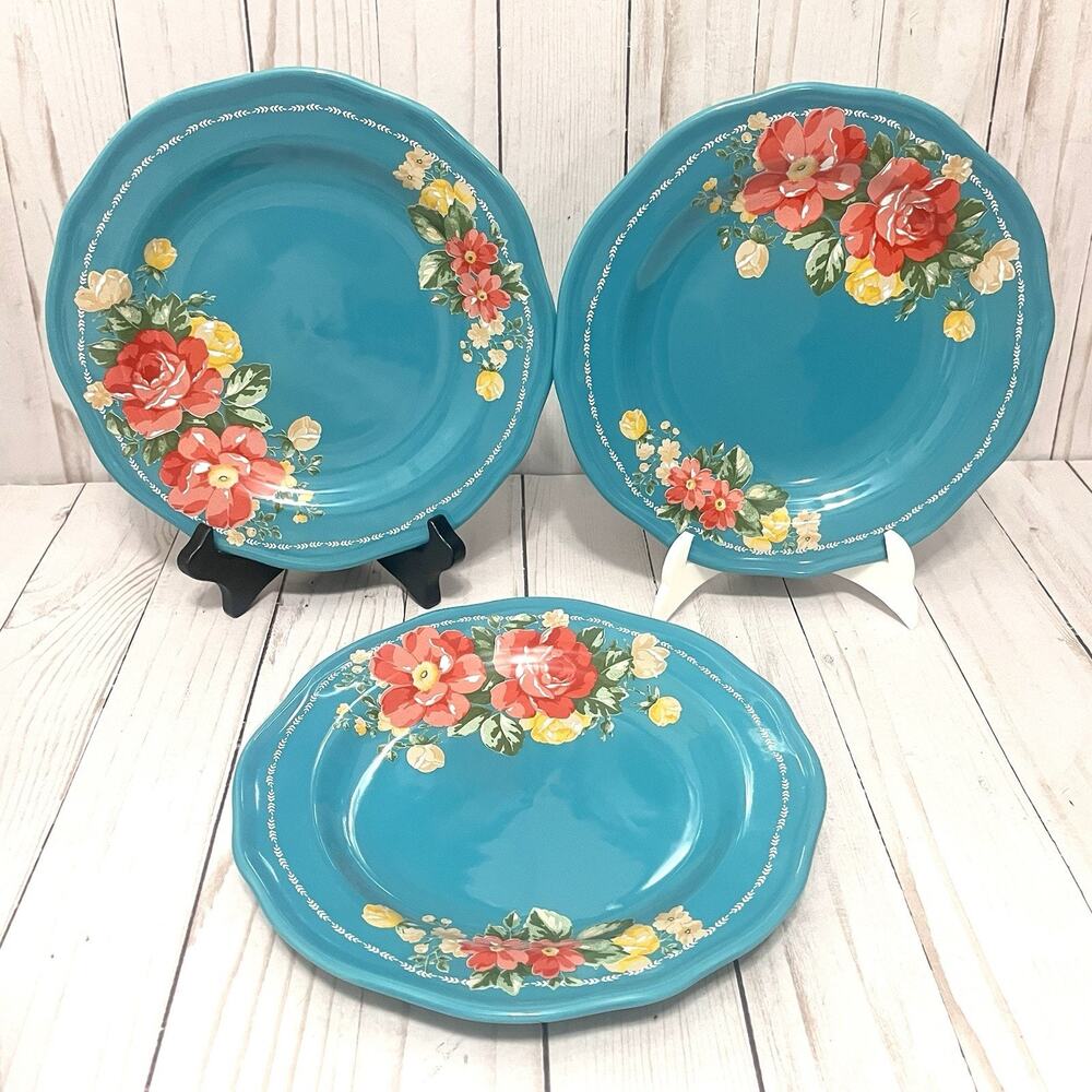 Pioneer Woman Salad Plates 8.5" Vintage Garden Floral Teal Stoneware Set Of 3